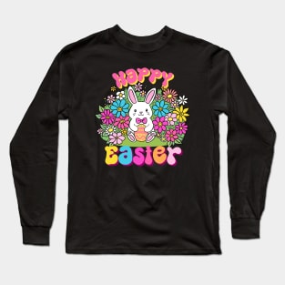 Happy easter a cute easter bunny holding an egg surrounded by flowers Long Sleeve T-Shirt